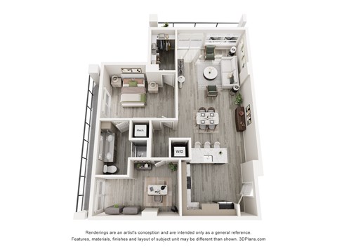 Floor plan for 1 bed, 1 bath, 1007 sqft